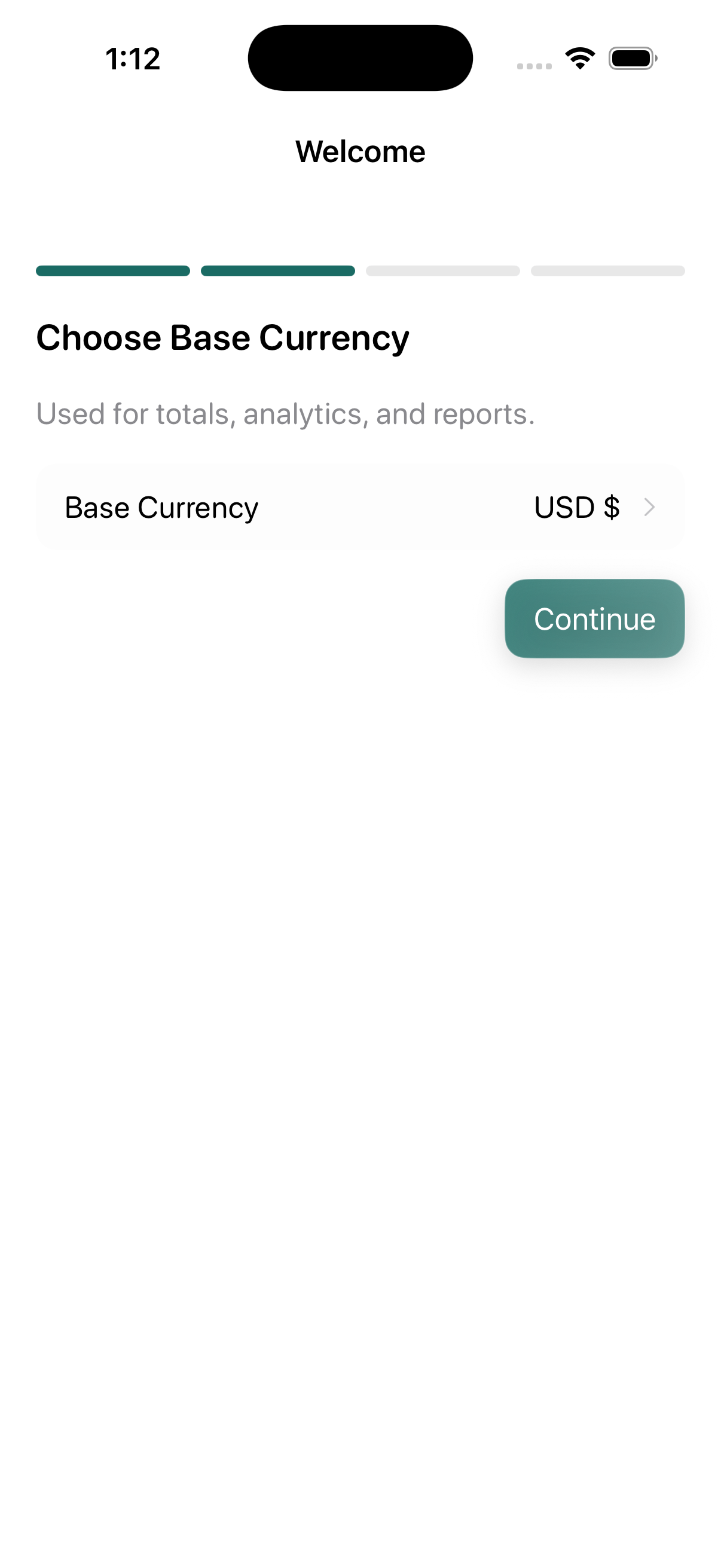 Onboarding screen for choosing the base currency
