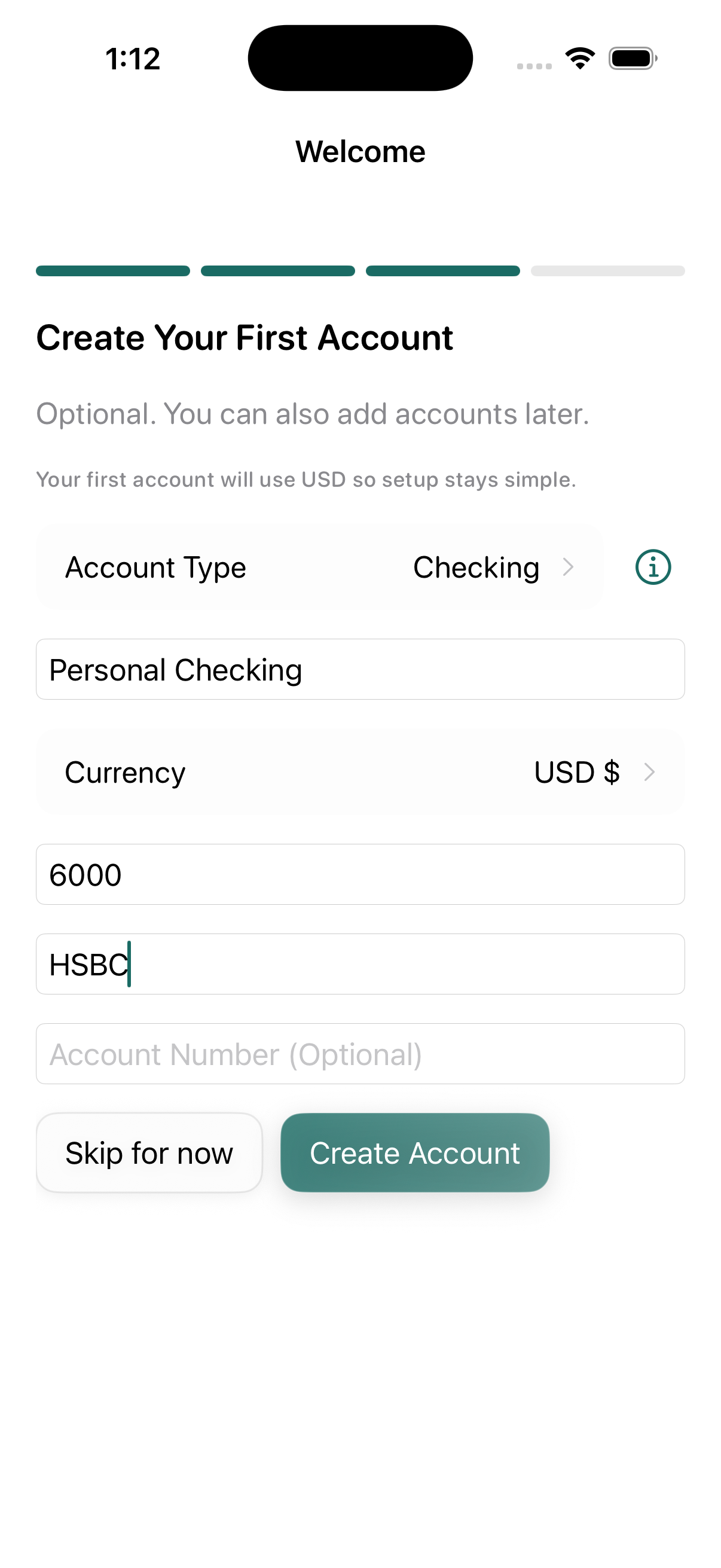 Onboarding screen for creating the first account